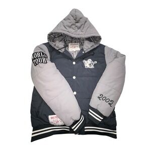 True Religion World Tour Puffer Varsity Jacket Hooded Navy Grey Mens Y2K XL